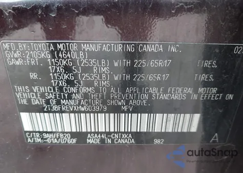 2017 Toyota Rav4 Le из США, поврежденный, VIN 2T3BFREVXHW603979